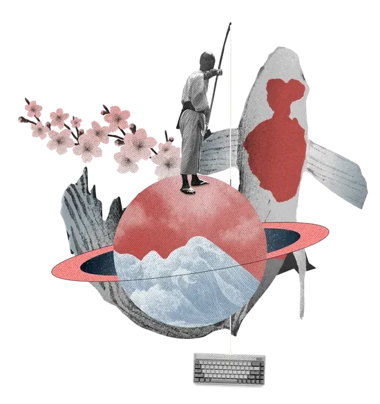 A fisherman on a red planet beside a leaping koi.