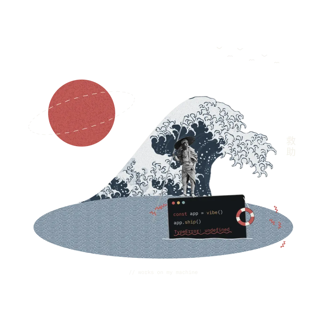 A pilgrim poling a broken code window like a raft through a great wave.