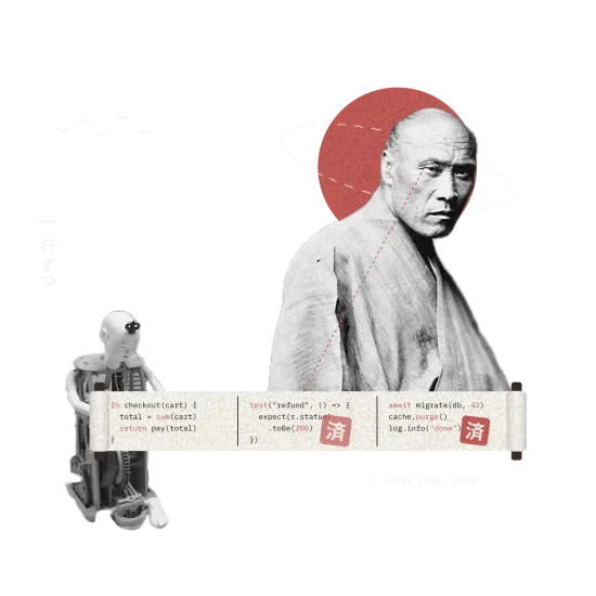 A collage of a samurai reading a scroll of code fed to him by a 1796 karakuri automaton, a red dashed gaze running from his eye to the paper and a red seal stamped on every block he has read: every line an agent writes is read by a builder.