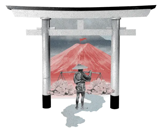 A porter carrying cherry blossom through a torii gate toward Mount Fuji.