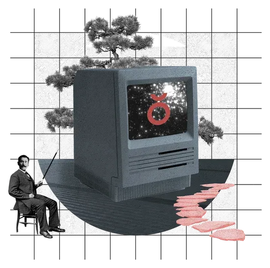 A lecturer with a pointer beside a vintage computer under a bonsai.