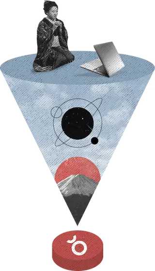 An illustration which shows what product innovation in Bushido means. It is a button with Bushido logo which once pressed it projects the world and how creation is made. On top of the world sits a Japanese woman in front of computer, doing magic through coding and creating future. It contains symbols of Japan through Fuji mountain, with a sun rising above it.