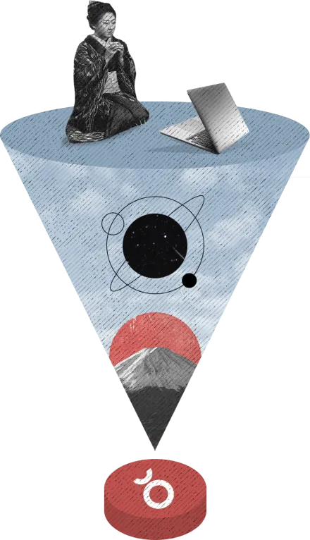 An illustration which shows what product innovation in Bushido means. It is a button with Bushido logo which once pressed it projects the world and how creation is made. On top of the world sits a Japanese woman in front of computer, doing magic through coding and creating future. It contains symbols of Japan through Fuji mountain, with a sun rising above it.